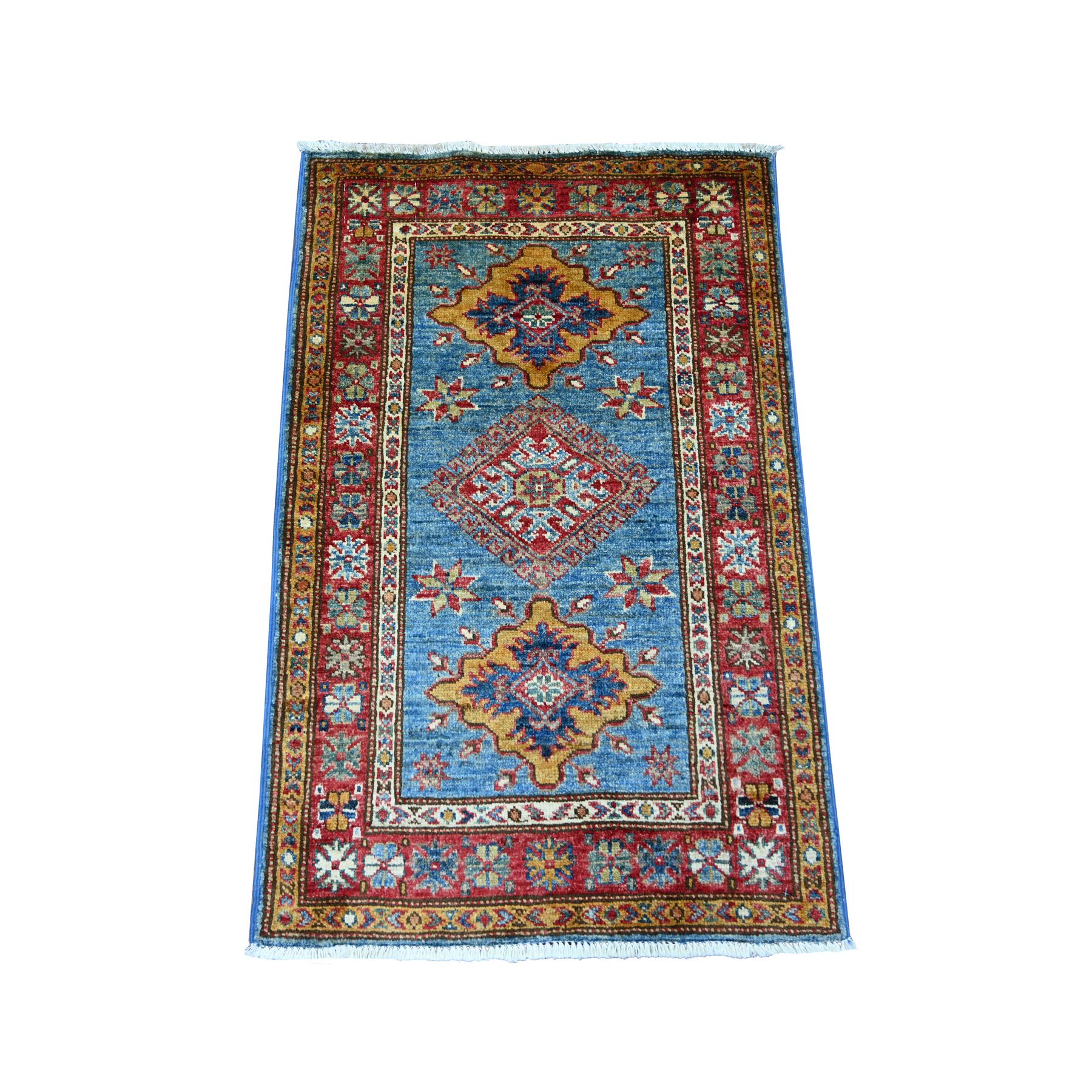 Marlin Blue, Afghan Super Kazak with Tribal Medallions Design, Hand Knotted, Pure Wool, Vegetable Dyes, Sample, Mat, Oriental Rug